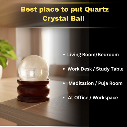 Clear Quartz Sphatik Crystal Ball on a wooden stand with suggested placement options in a living room or bedroom.