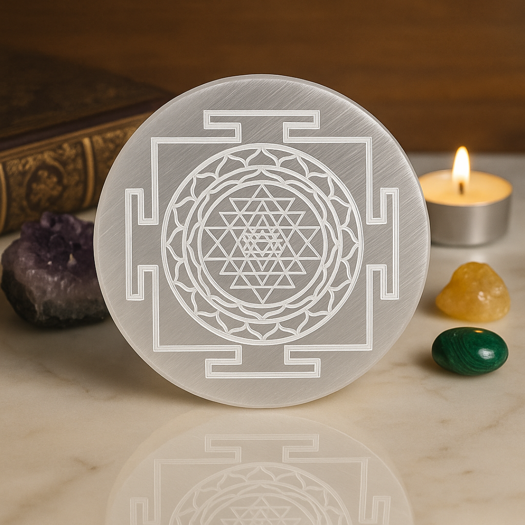 Sri Yantra Engraved Natural Selenite Plate | Round & Square | Premium Grade | For Crystal Cleansing, Meditation & Pooja