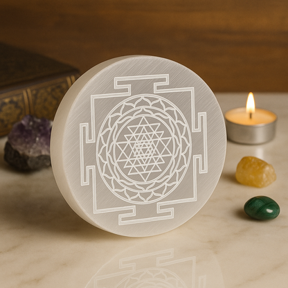 Sri Yantra Engraved Natural Selenite Plate | Round & Square | Premium Grade | For Crystal Cleansing, Meditation & Pooja