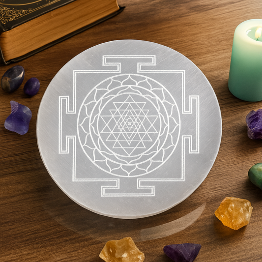Sri Yantra Engraved Natural Selenite Plate | Round & Square | Premium Grade | For Crystal Cleansing, Meditation & Pooja