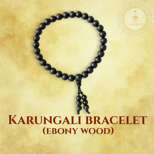 Karungali Bracelet on a textured beige background with 'Karungali Bracelet (Ebony Wood)' text.