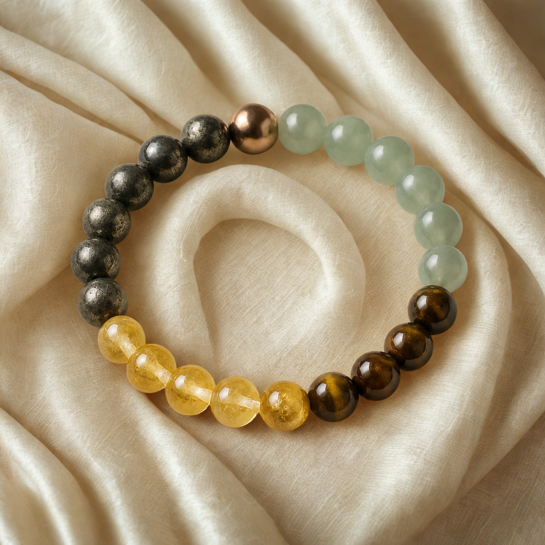 Money Magnet bracelet on a beige fabric background