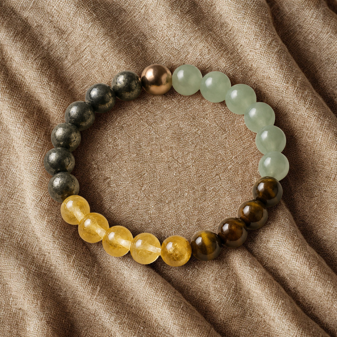 Money Magnet  bracelet on a textured beige fabric background