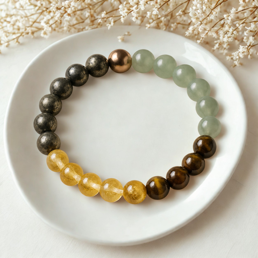 Money Magnet bracelet on a white plate with a light background