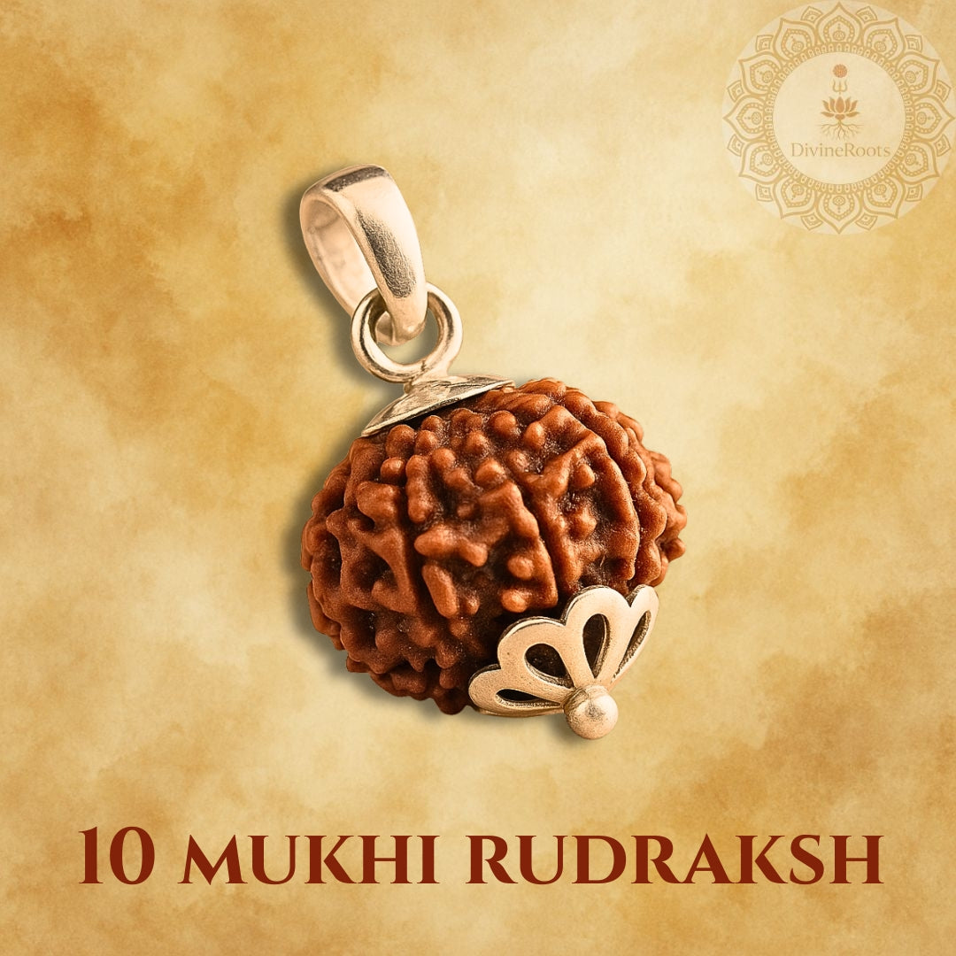 10 Mukhi Rudraksh pendant with gold accents on a beige background