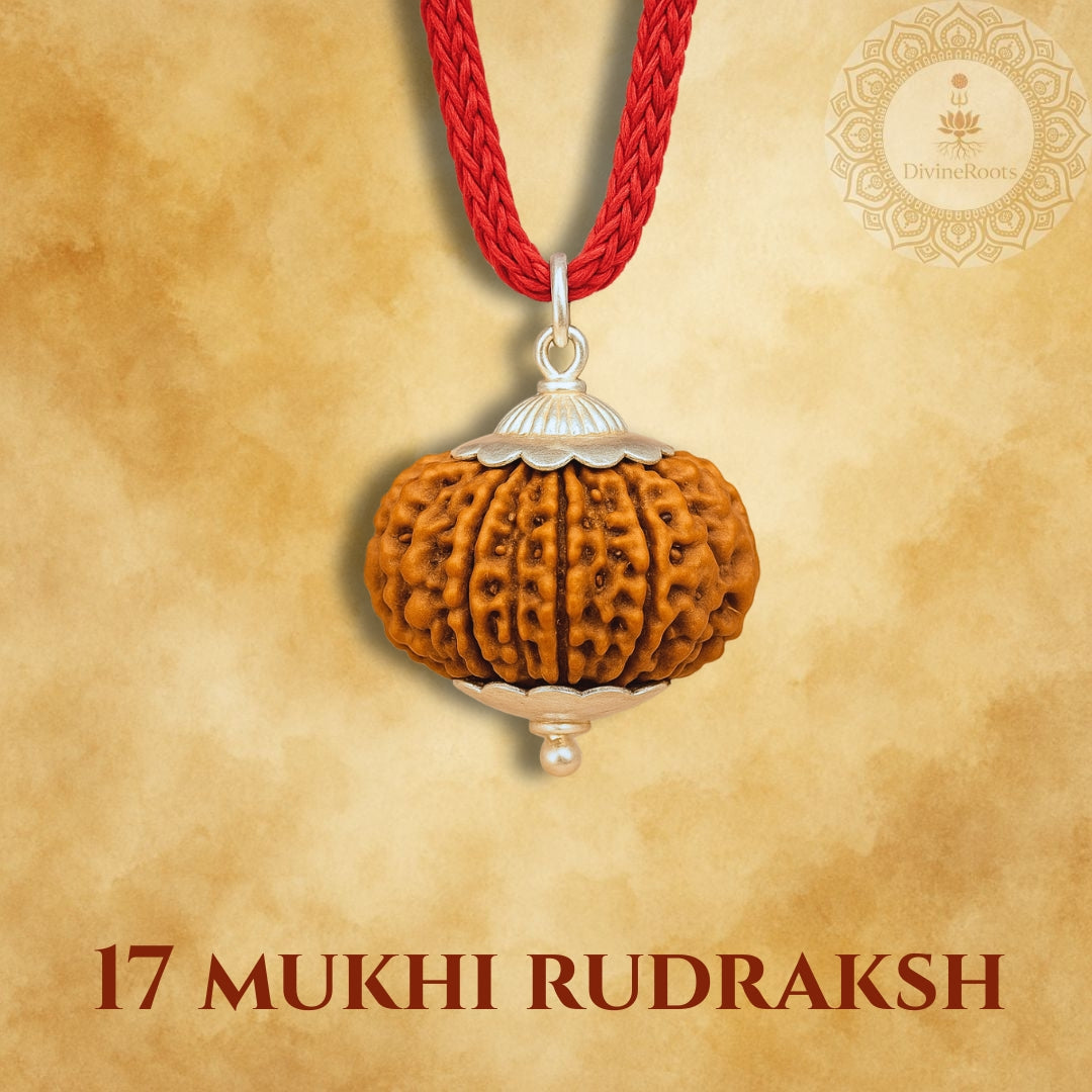17 Mukhi Rudraksh pendant with red cord on a beige background