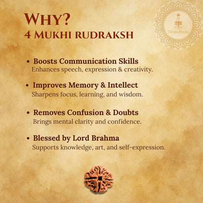 Promotional graphic for 4 Mukhi Rudraksh with benefits listed on a textured background.