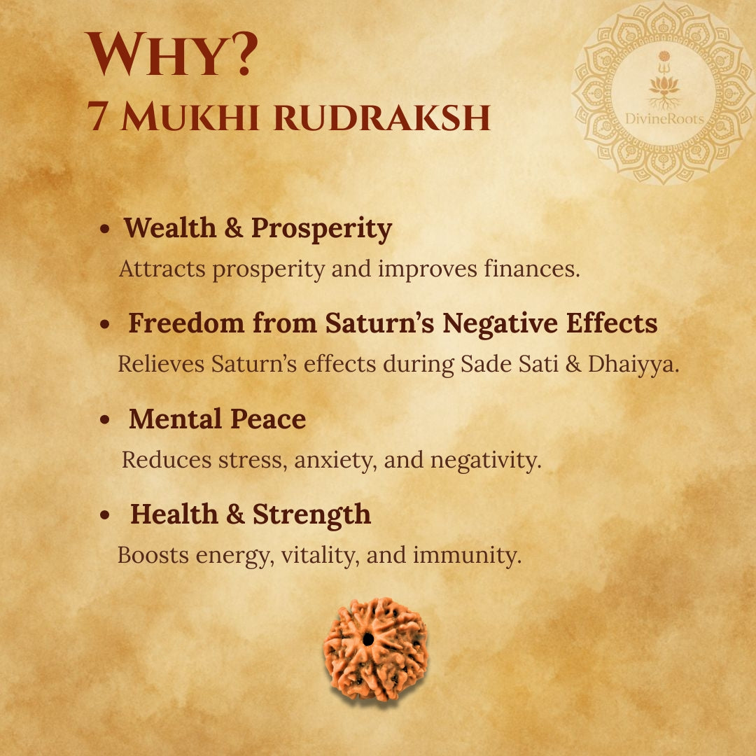 Promotional graphic for 7 Mukhi Rudraksh with benefits listed on a textured background.