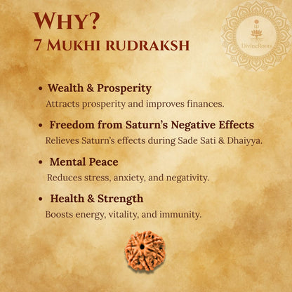 Promotional graphic for 7 Mukhi Rudraksh with benefits listed on a textured background.