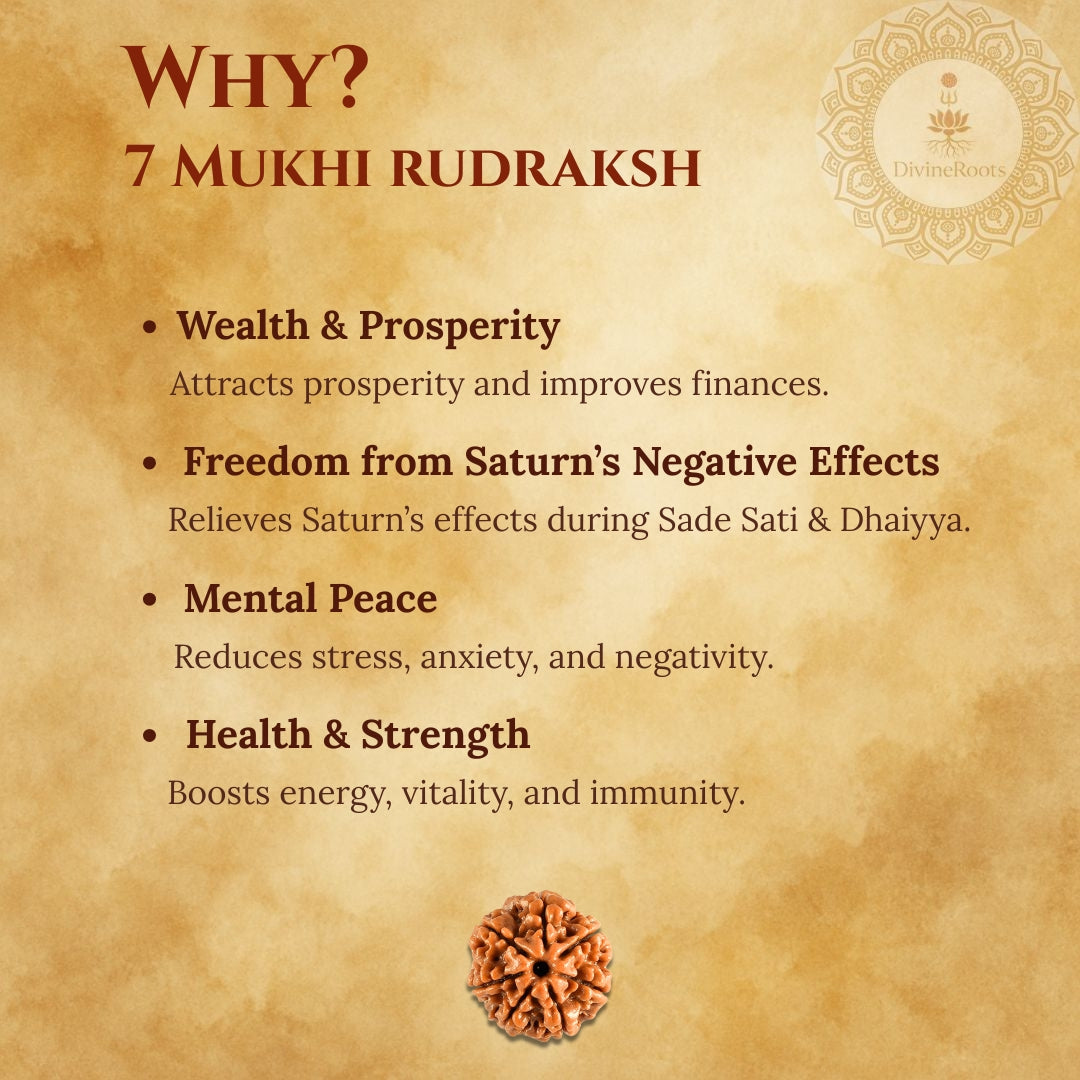 Promotional graphic for 7 Mukhi Rudraksh with benefits listed on a textured background.