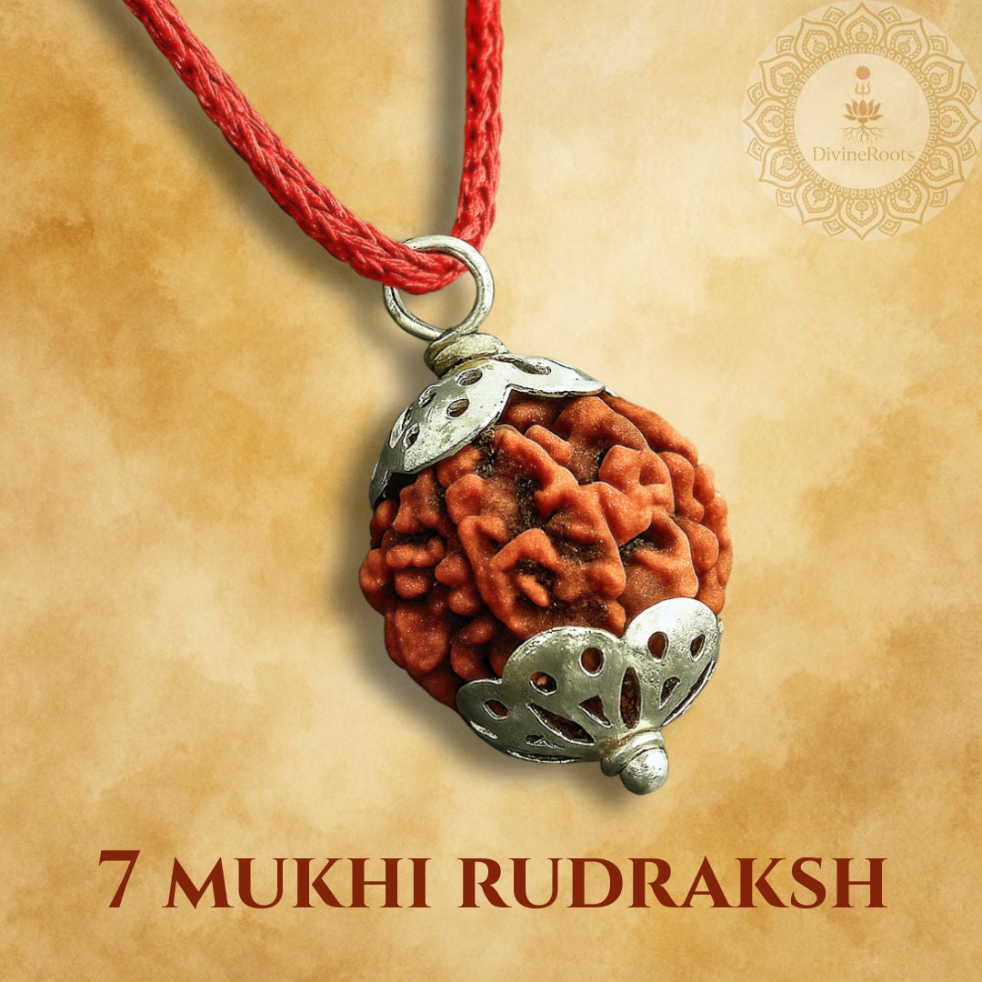 7 Mukhi Rudraksh pendant with silver accents on a red cord against a beige background
