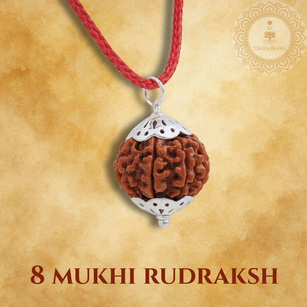 8 Mukhi Rudraksh pendant with silver setting on a red cord against a beige background