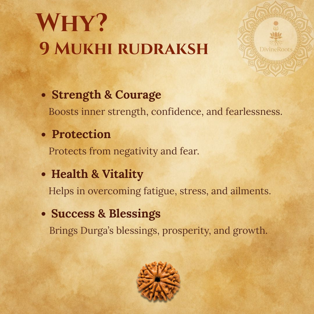Promotional graphic for 9 Mukhi Rudraksh with benefits listed on a textured background.