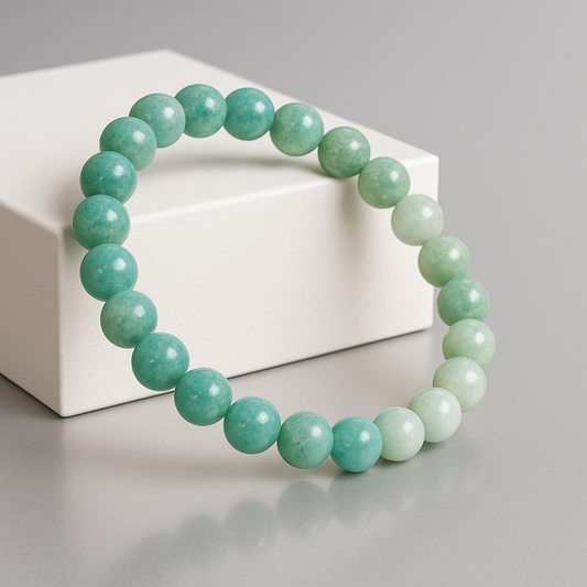 Amazonite Gemstone Bracelet on a white box with a gray background