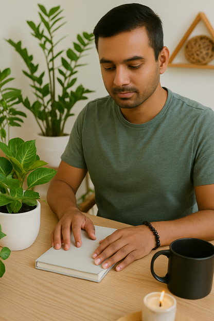 Man reading a book at a table with plants and a candle in the background