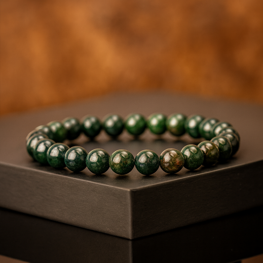 Bloodstone Gemstone Bracelet on a dark surface with a blurred brown background