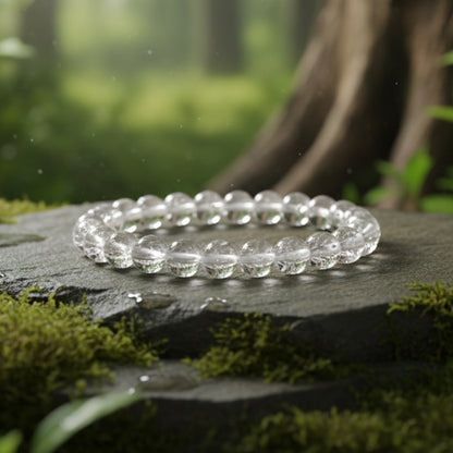 Clear beaded bracelet on a stone with a natural background