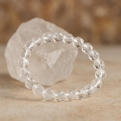 Natural Clear Quartz (Sphatik) Gemstone Bracelet | Round & Diamond Cut| 8 mm Beads | Lab Certified | AAA Grade