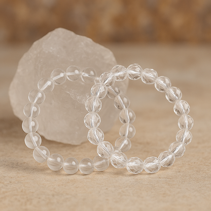 Natural Clear Quartz (Sphatik) Gemstone Bracelet | Round & Diamond Cut| 8 mm Beads | Lab Certified | AAA Grade