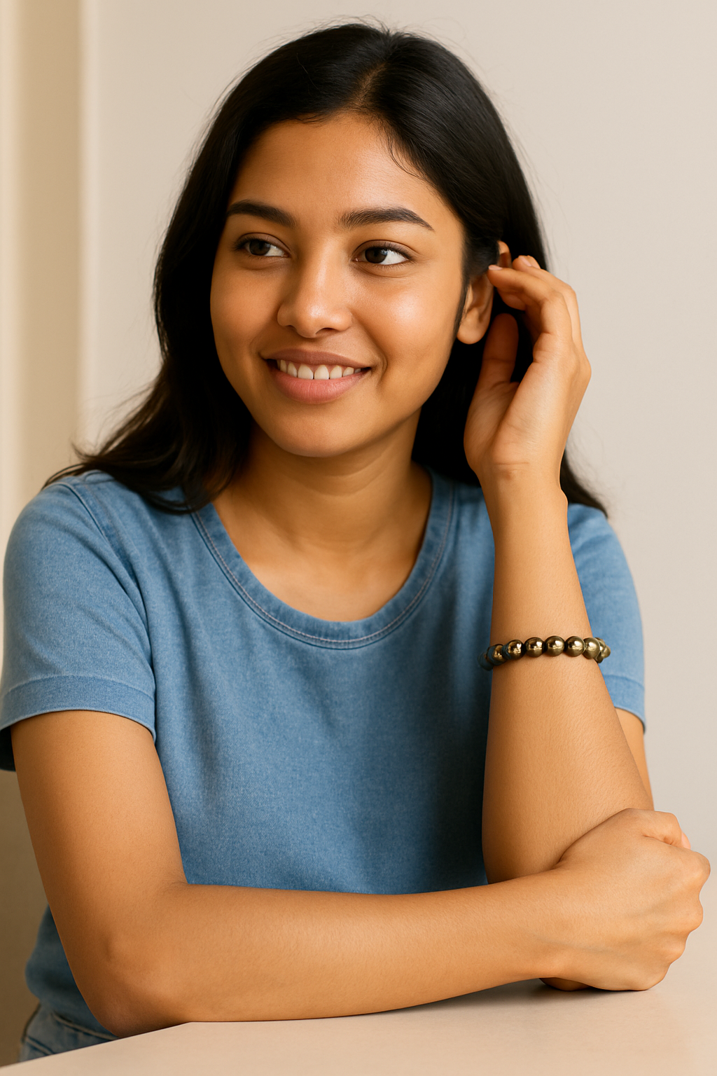 Woman wearing a blue shirt with a neutral background