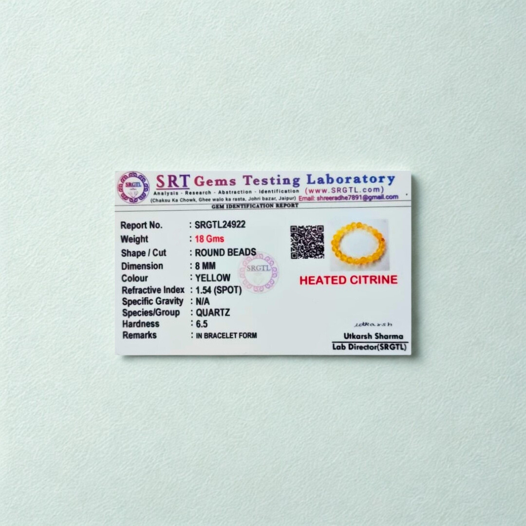 Natural Heated Citrine Gemstone Bracelet | 8 mm Beads | Lab Certified | AAA Grade | Healing Crystal