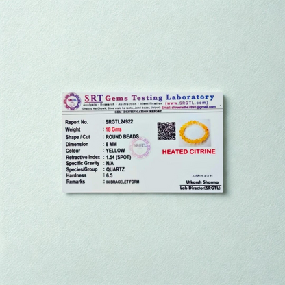 Natural Heated Citrine Gemstone Bracelet | 8 mm Beads | Lab Certified | AAA Grade | Healing Crystal