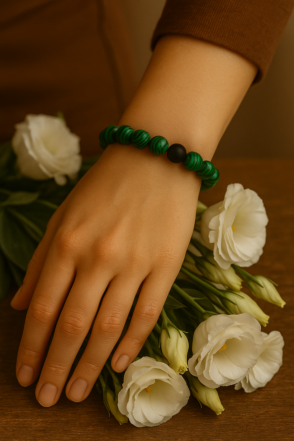 Hand wearing a green beaded bracelet with a bouquet of white flowers on a wooden surface