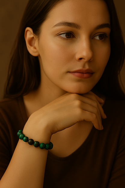 Woman wearing a green beaded bracelet against a brown background