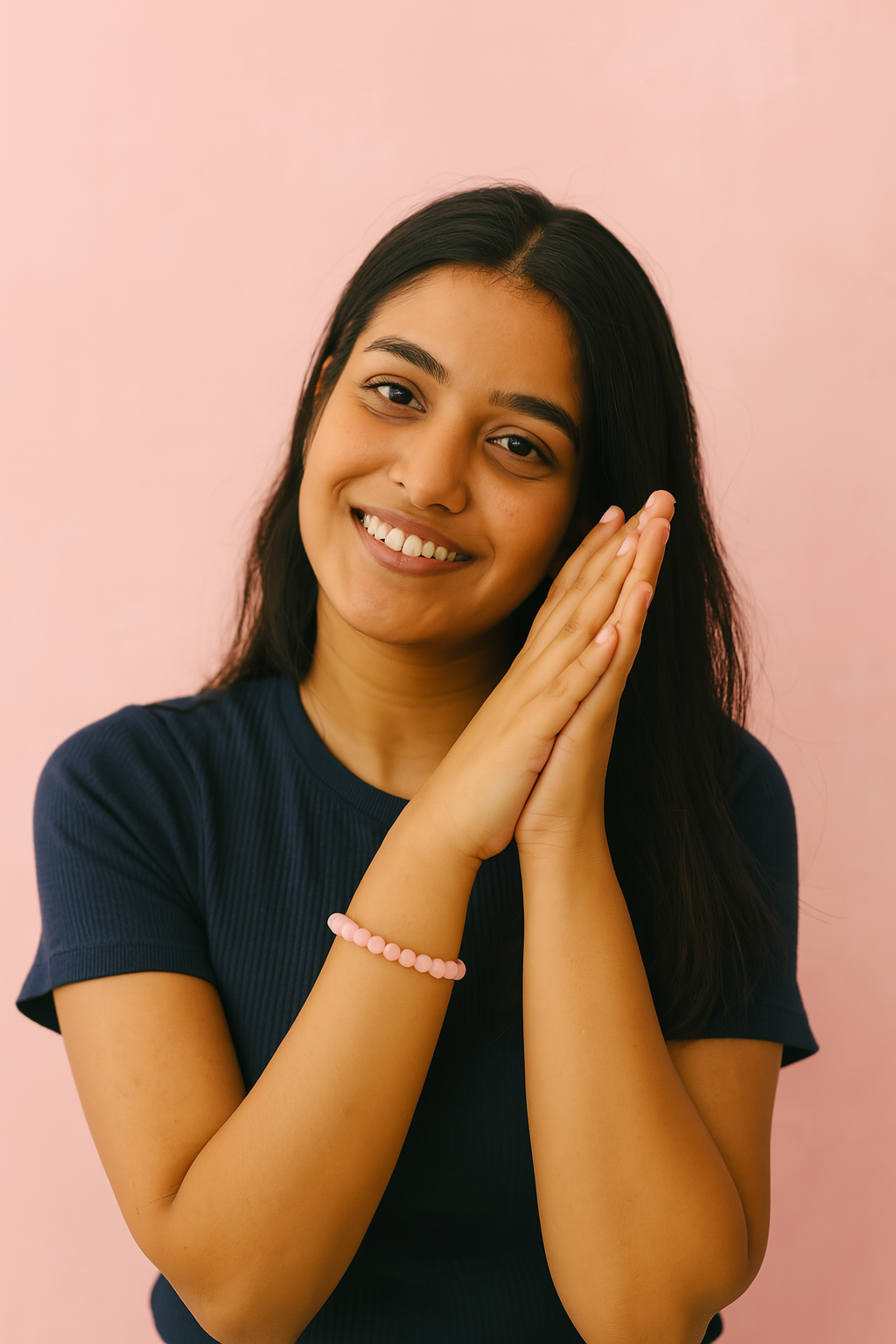 Woman wearing a navy blue shirt against a pink background