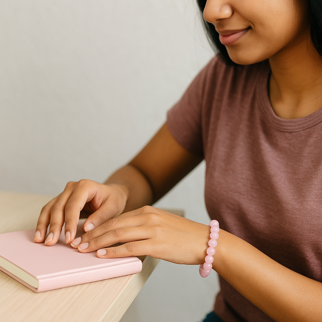 Person wearing a pink bracelet interacting with a pink notebook on a light surface.
