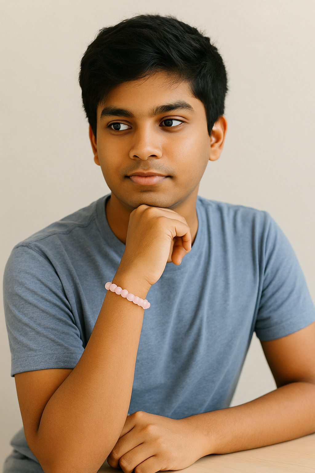Person wearing a blue shirt and pink bracelet against a neutral background