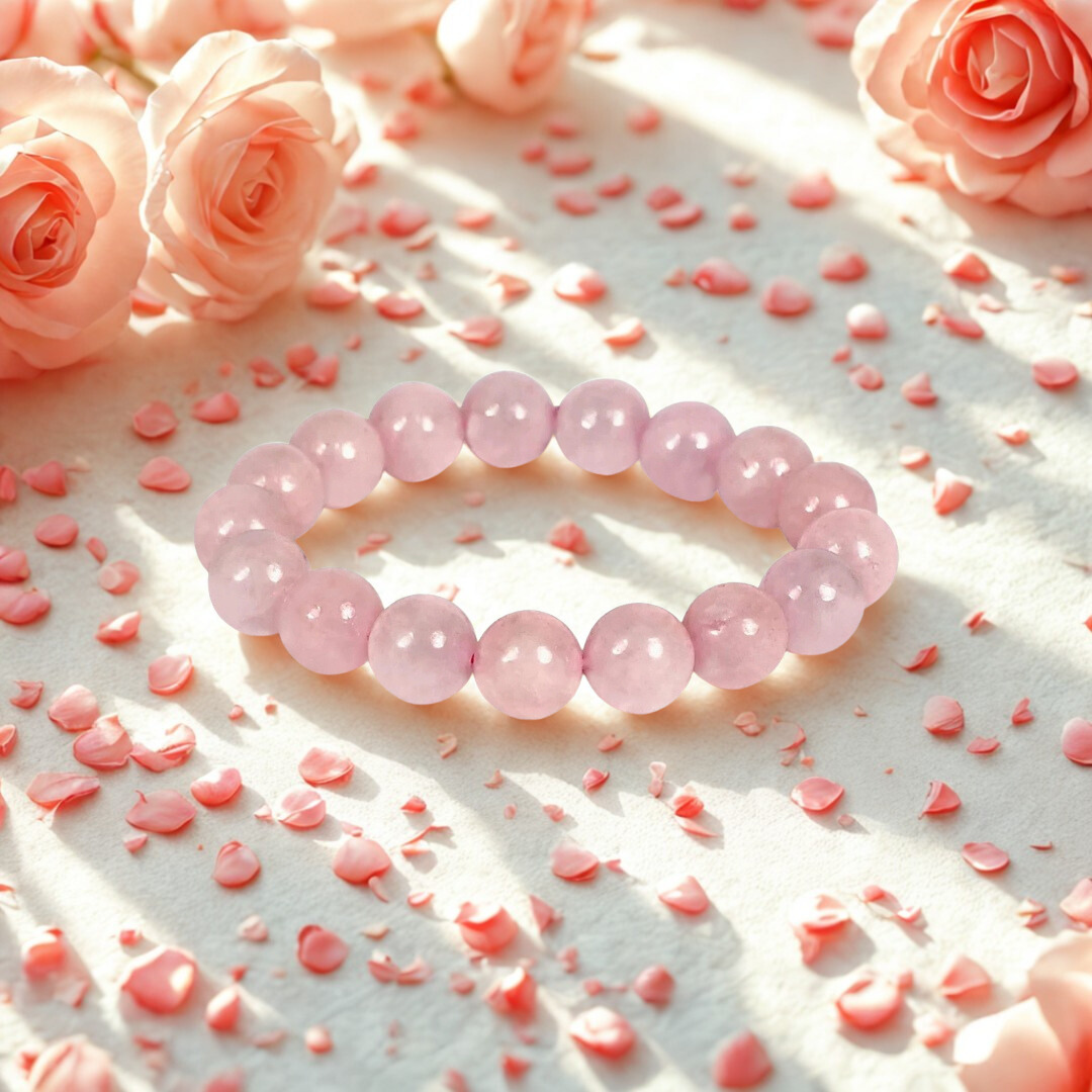 Pink beaded bracelet on a surface with pink roses and petals
