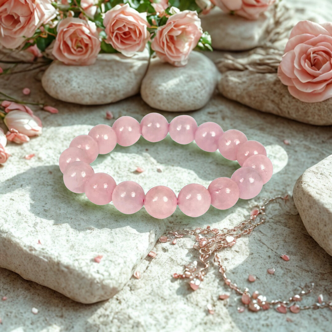Pink beaded bracelet on a stone surface with pink flowers in the background