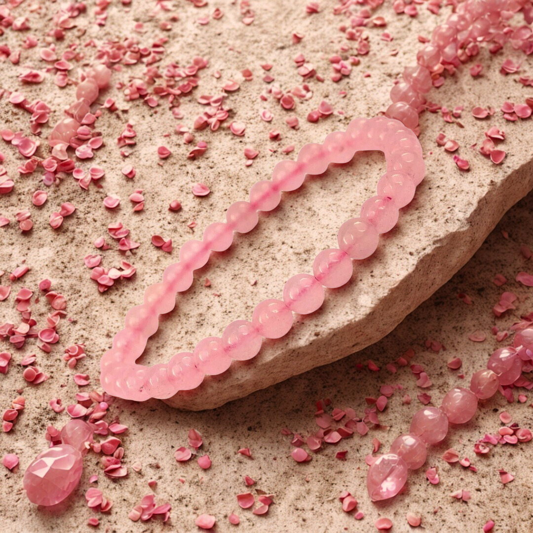 Pink beaded bracelet on a stone surface with pink beads scattered around