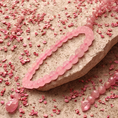 Pink beaded bracelet on a stone surface with pink beads scattered around