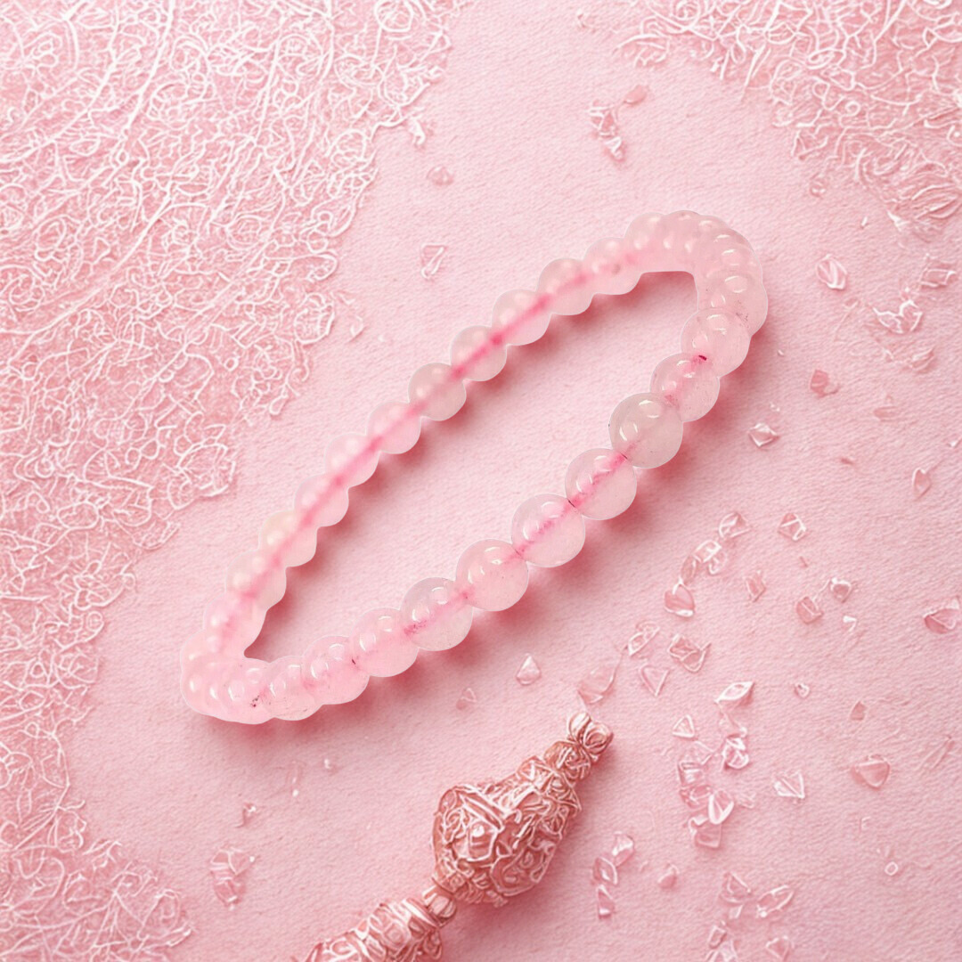 Pink beaded bracelet with a decorative clasp on a pink textured background