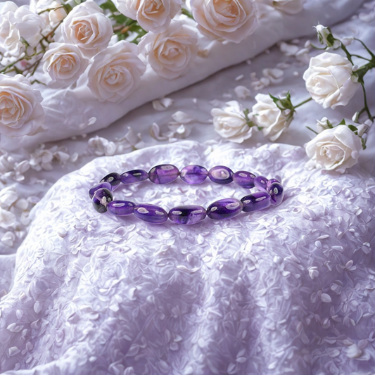 Natural Oval Amethyst Gemstone Bracelet on a textured white surface with white flowers