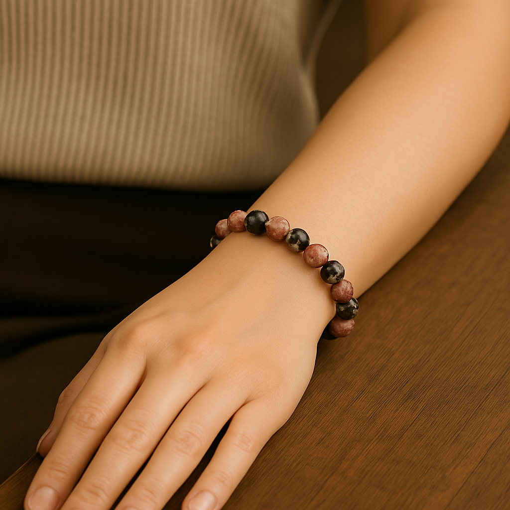 Beaded bracelet on a wrist with a neutral background
