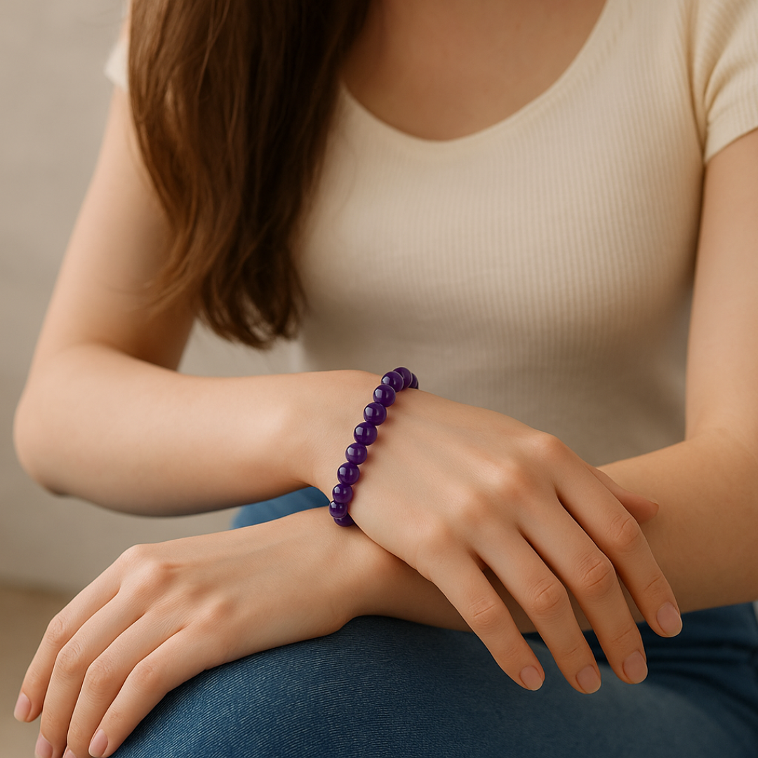Natural Amethyst Round Beads (Jamuniya) Bracelet | 8 mm Beads | Lab Certified | AAA Grade | Healing Crystal