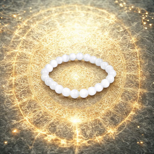 White beaded bracelet on a decorative gold circular background