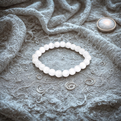 White beaded bracelet on a textured gray fabric background