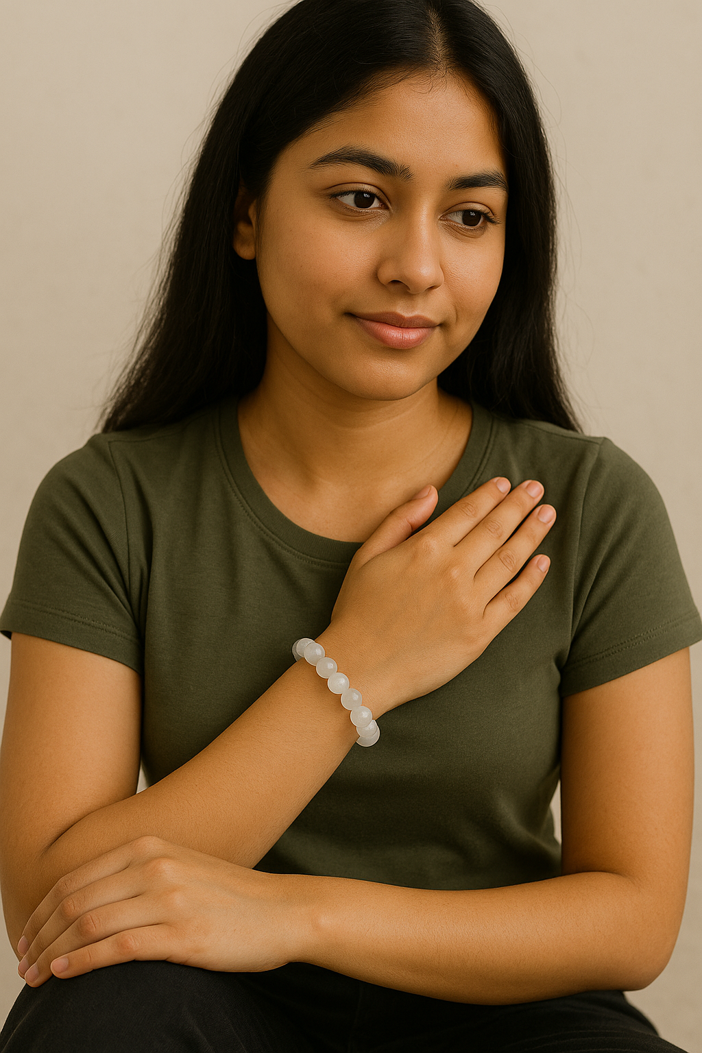 Woman wearing a green t-shirt and black pants with a beige background