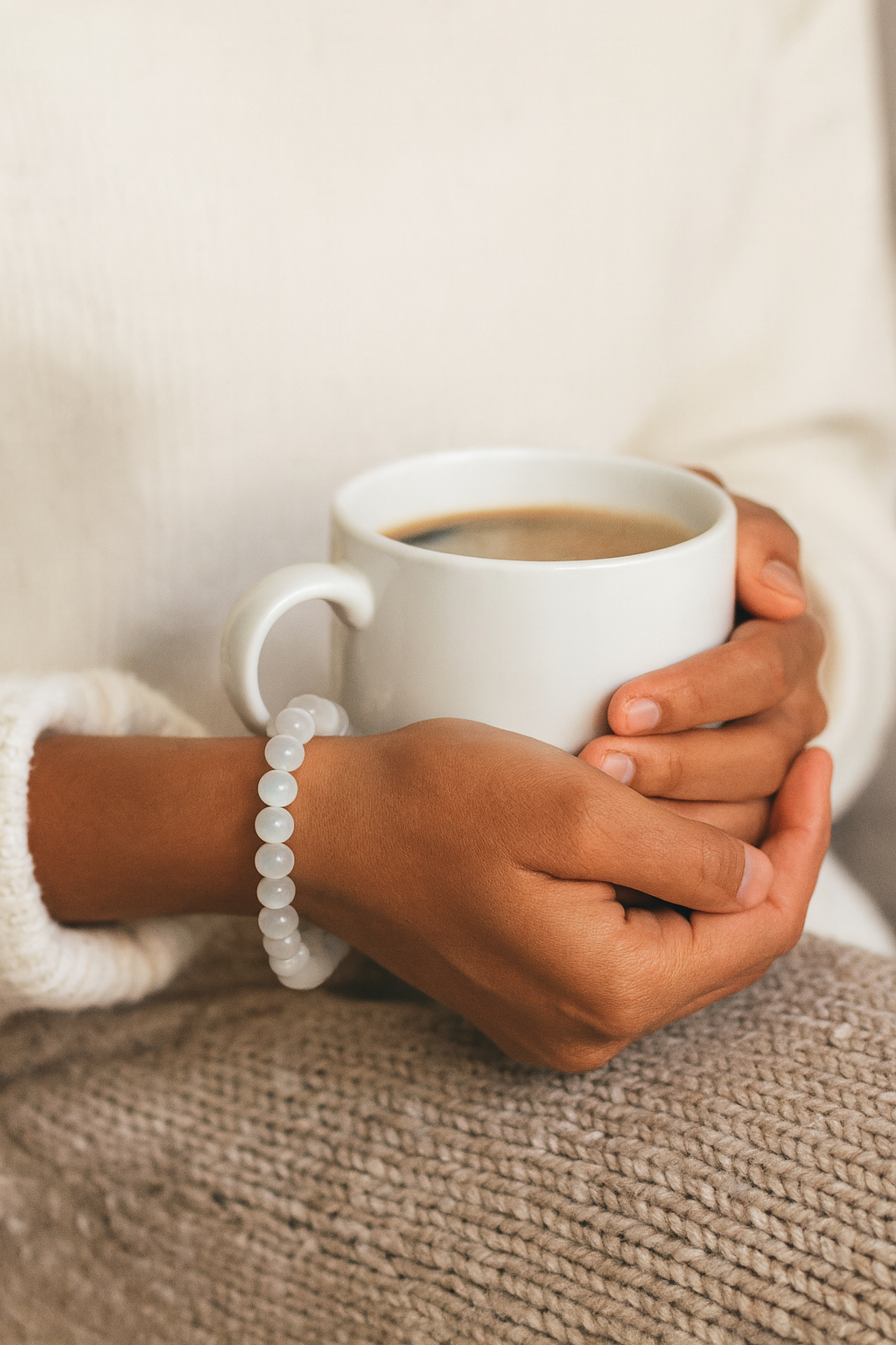Person holding a white mug with coffee, wearing a pearl bracelet on a neutral background