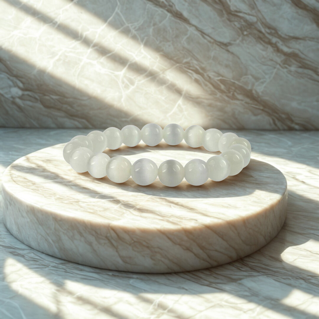 White beaded bracelet on a marble surface with a marble background