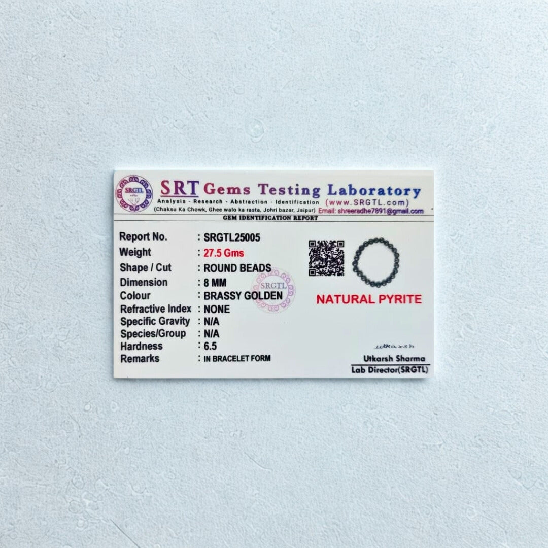 SRT Gems Testing Laboratory identification card on a light blue background
