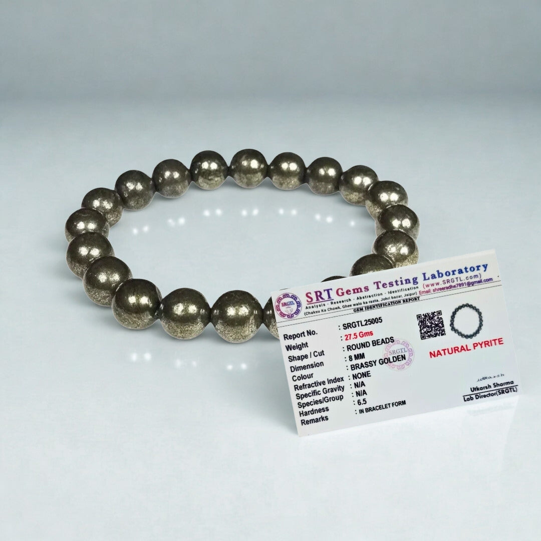Pyrite bracelet with a SRT Gems Testing Laboratory certificate on a light gray background
