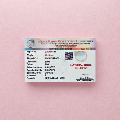 Identification report for natural rose quartz on a pink background
