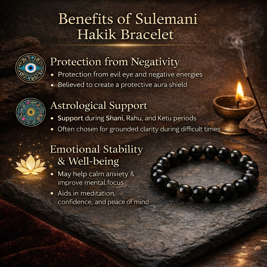 Sulemani Hakik Bracelet with benefits listed on a dark background