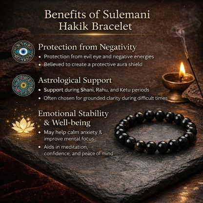 Sulemani Hakik Bracelet with benefits listed on a dark background
