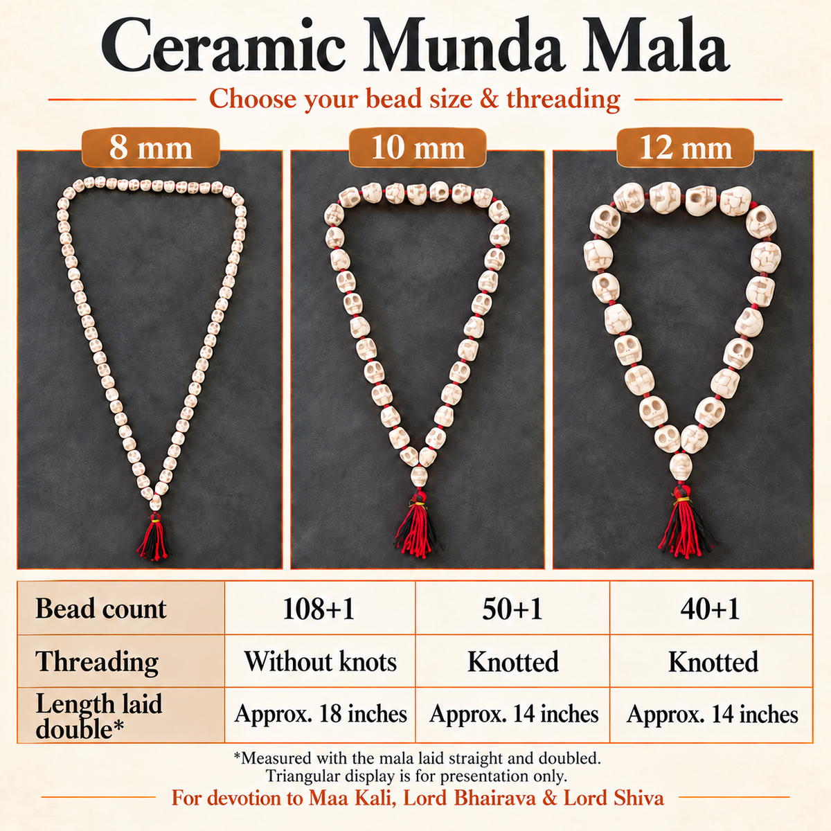 Ceramic Mund Mala for Maa Kali, Bhairava & Shiva | Narmund Kapal Mala | 8 mm, 10 mm & 12 mm